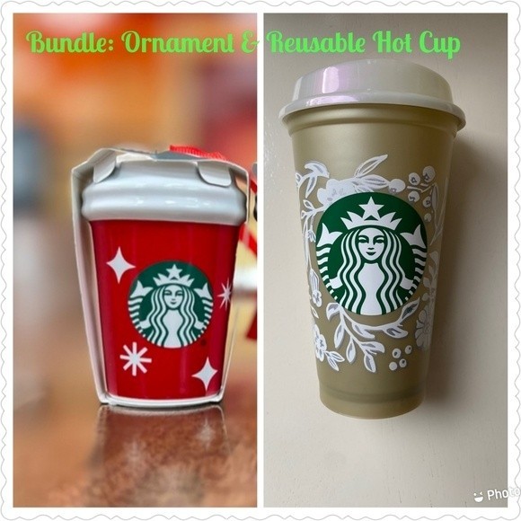 Bundle 2 Starbucks: Color CHANGING REUSABLE HOT CUP & Ceramic Christmas Ornament - Picture 1 of 7